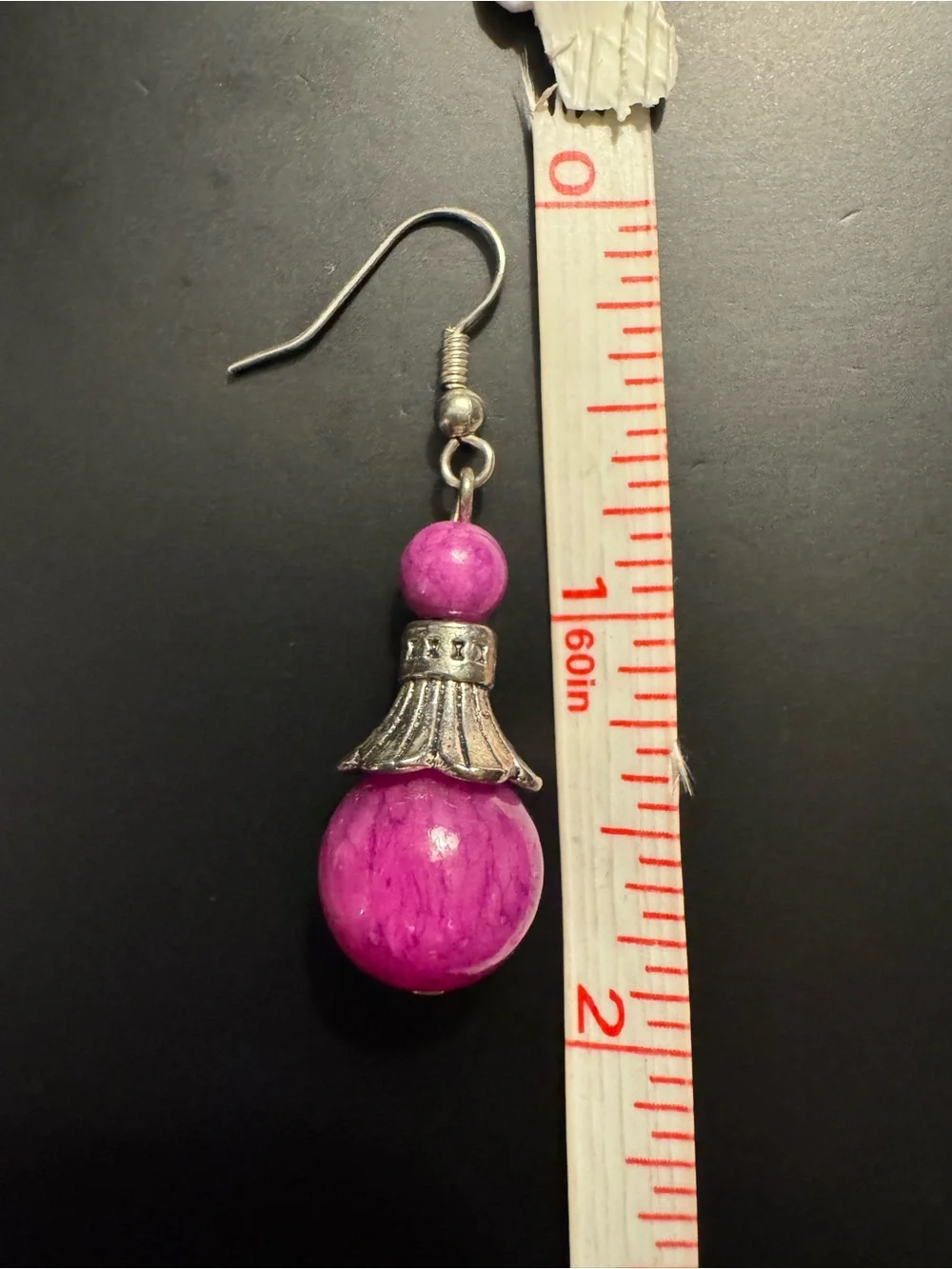 Plum Glass Bead Drop Earrings Silver Tone Boho Artisan Style Dangle